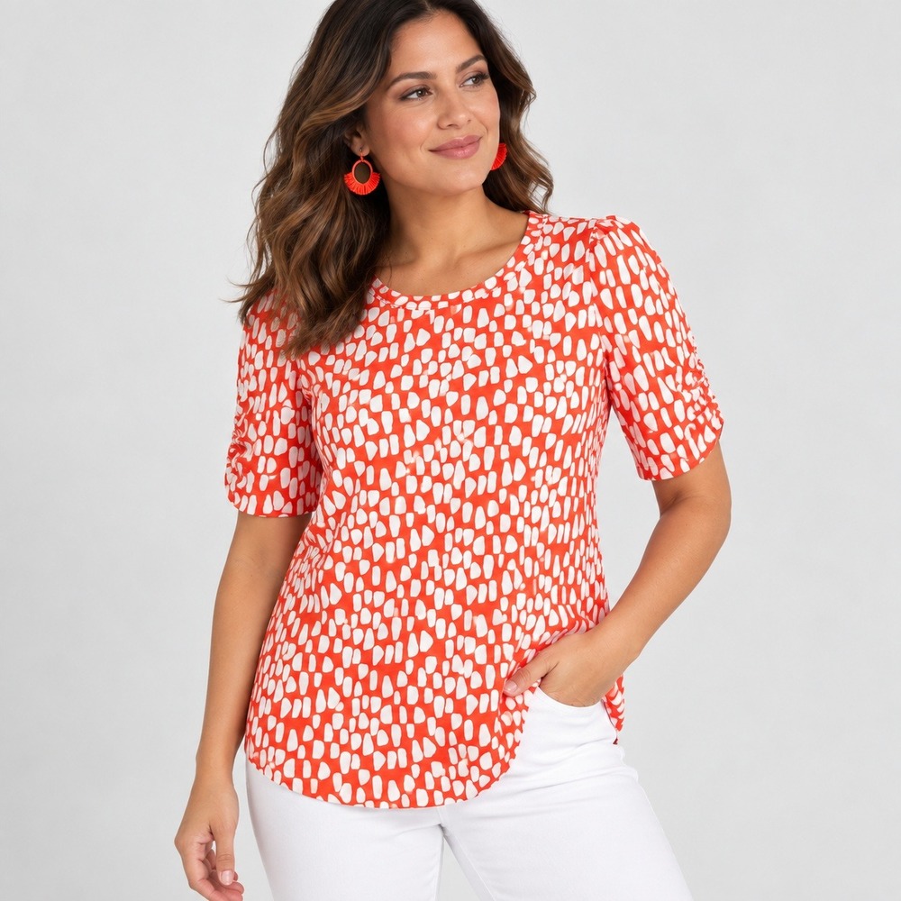 Chico's Orange White Abstract Pebble Print Puff Ruched Sleeve Top Size 00 XS